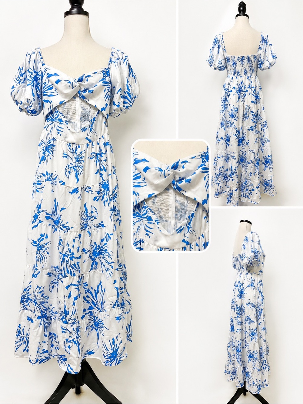 Blue & White Floral Peekaboo Cutout Maxi Dress Puff Sleeve NEW